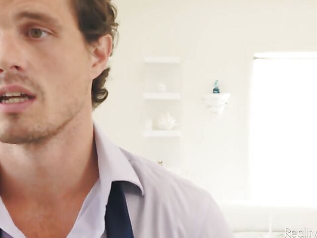 Blonde babysitter Kiara Cole shows her shaved snatch to Robby Echo and takes his hard dick