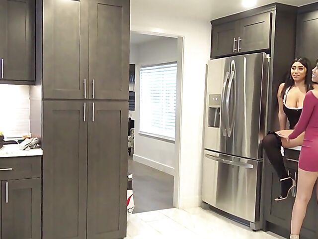 Busty interracial threesome in the kitchen with Gia Milana and Violet Myers