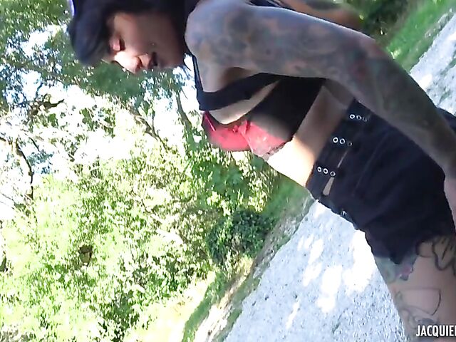 Tattooed outdoor threesome with French sluts Cherry and Diana