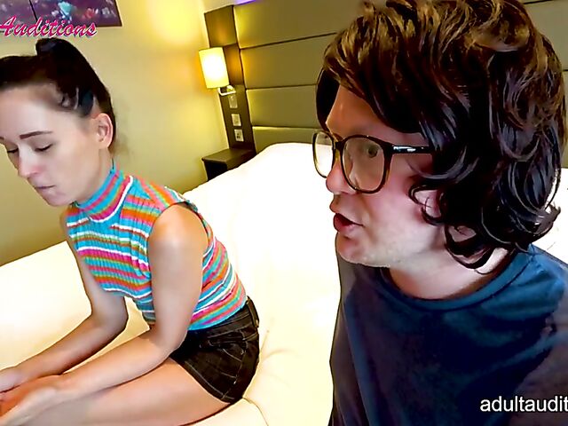 Teen Leyla and her double blowjob audition with two lucky nerds