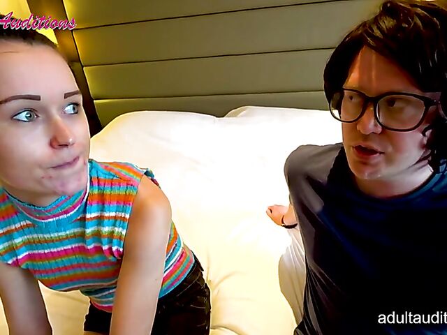 Teen Leyla and her double blowjob audition with two lucky nerds