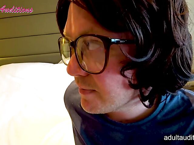 Teen Leyla and her double blowjob audition with two lucky nerds