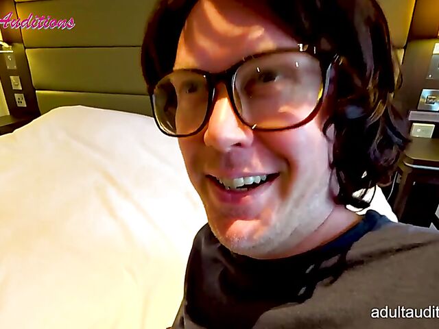 Teen Leyla and her double blowjob audition with two lucky nerds