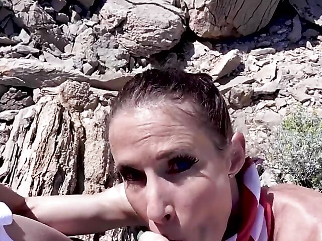 Skinny MILF Sofie Marie sucking indoors and fucking outside