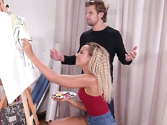 Cute ebony teen painter Romy Indy gets seduced by a white guy