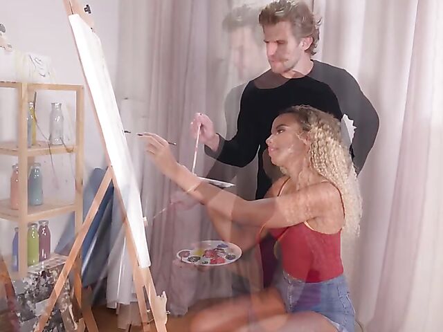 Cute ebony teen painter Romy Indy gets seduced by a white guy