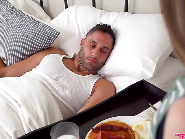 Skinny teen daughter with glasses Kyler Quinn takes care of her stepdaddy