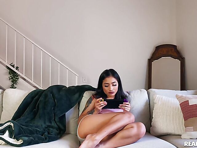 Exotic sexy brunette Avery Black gets fucked while playing a video game