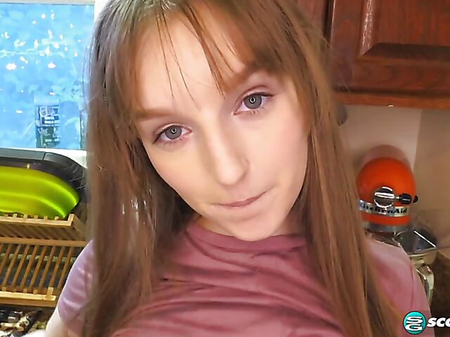 Sweet American girl Cleo Clementine fingering herself in the kitchen