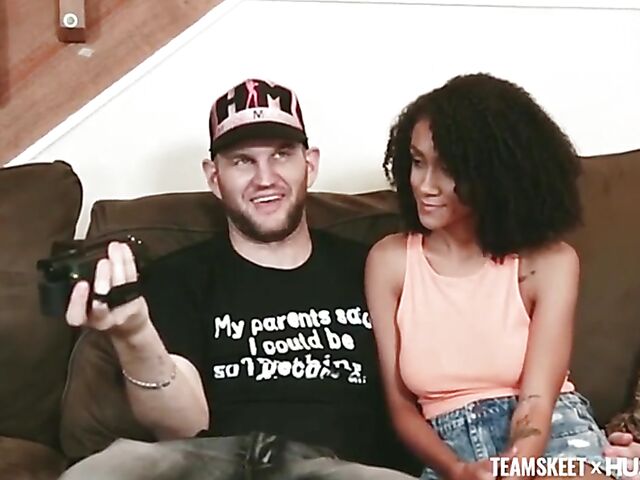 Curly ebony girl with natural titties and a shaved snatch Ariana Aimes gets nailed by her white fuck friend