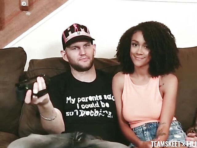 Curly ebony girl with natural titties and a shaved snatch Ariana Aimes gets nailed by her white fuck friend