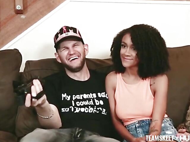 Curly ebony girl with natural titties and a shaved snatch Ariana Aimes gets nailed by her white fuck friend