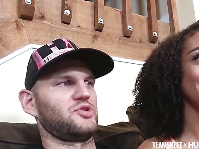 Curly ebony girl with natural titties and a shaved snatch Ariana Aimes gets nailed by her white fuck friend