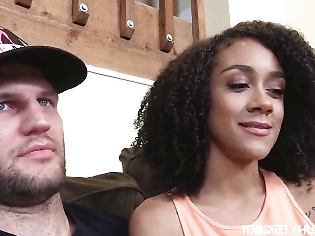 Curly ebony girl with natural titties and a shaved snatch Ariana Aimes gets nailed by her white fuck friend