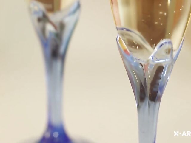 Long haired sexy brunette Leanne sucks and fucks after a glass of champagne