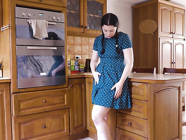 Pigtailed Astrid's solo in the kitchen in Girls Out West