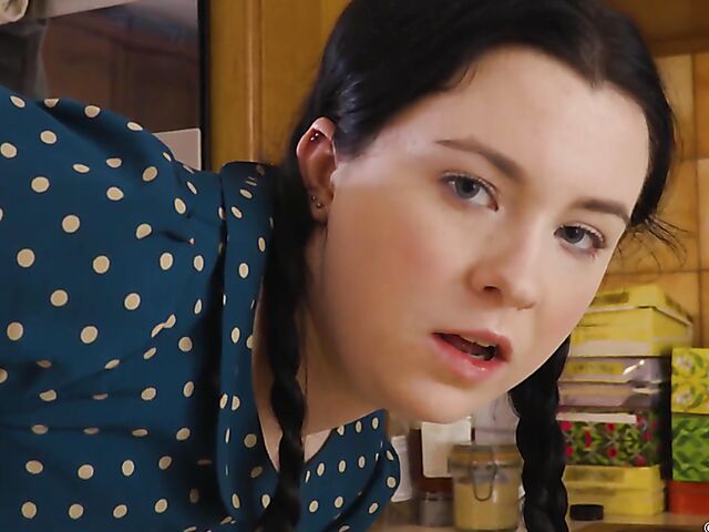 Pigtailed Astrid's solo in the kitchen in Girls Out West