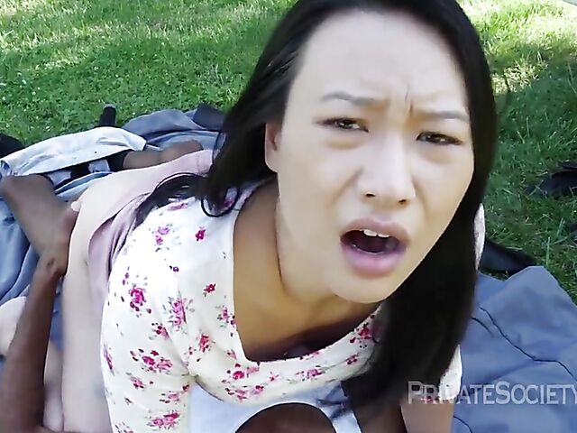 Black and asian interracial outdoor fucking