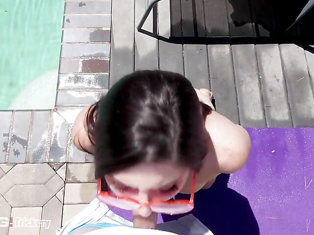 Bikini babe Keira Croft sucks by the pool before sex in bed