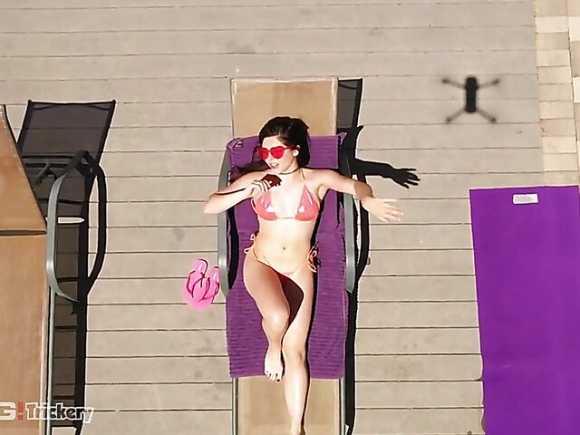 Bikini babe Keira Croft sucks by the pool before sex in bed