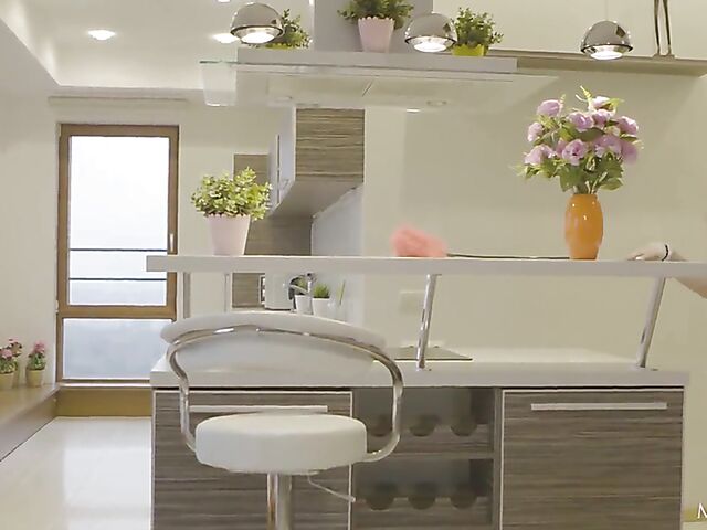 Lovely blonde maid Sophie Gem rubbing pussy