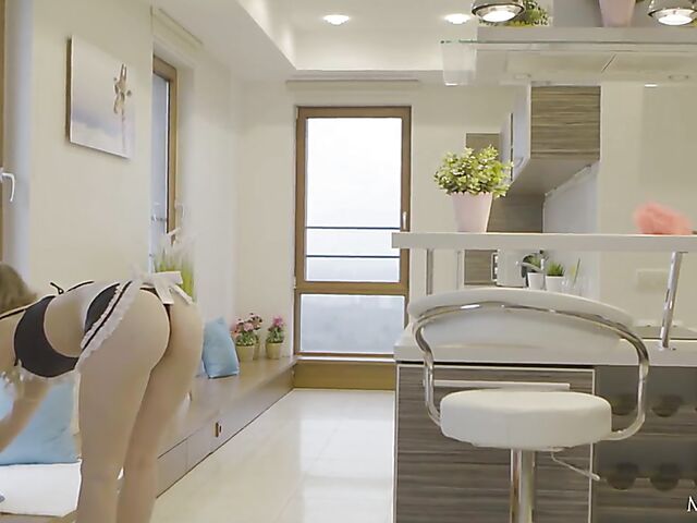 Lovely blonde maid Sophie Gem rubbing pussy