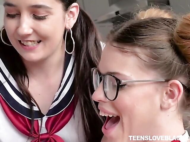 FFM interracial 3some in school uniform with Leah Lee and Will Tile sharing a BBC