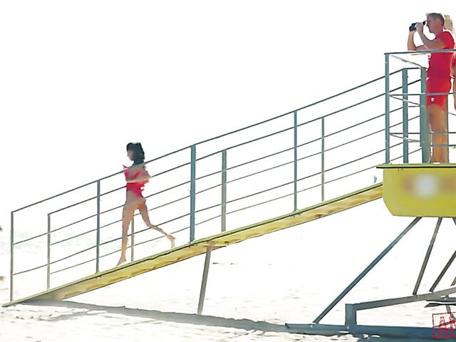 Lifeguard twins anal outdoor threesome with Silvia Dellai and Eveline Dellai