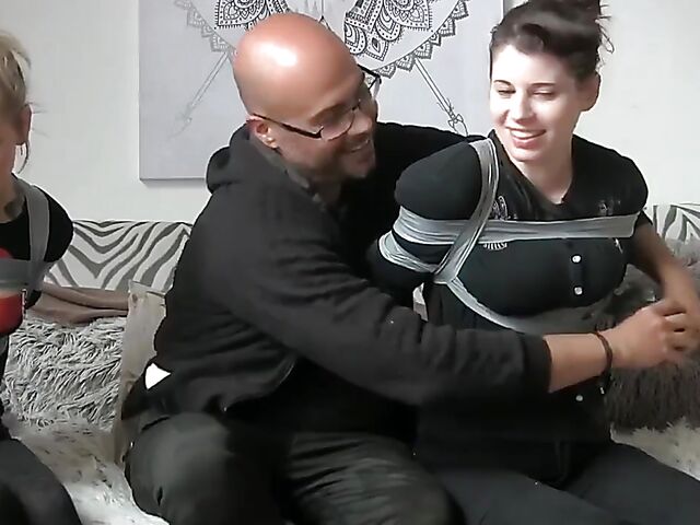 Non nude tape bondage with two pretty girls