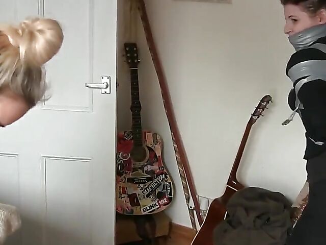 Non nude tape bondage with two pretty girls