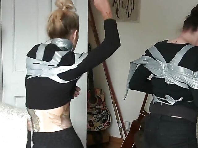 Non nude tape bondage with two pretty girls