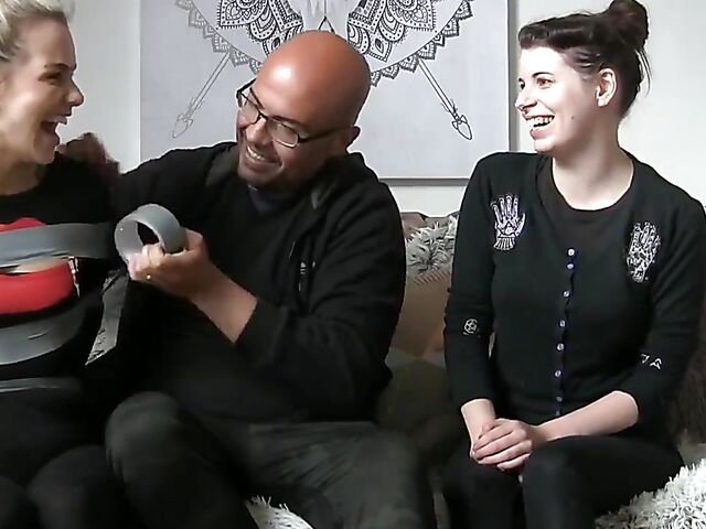 Non nude tape bondage with two pretty girls