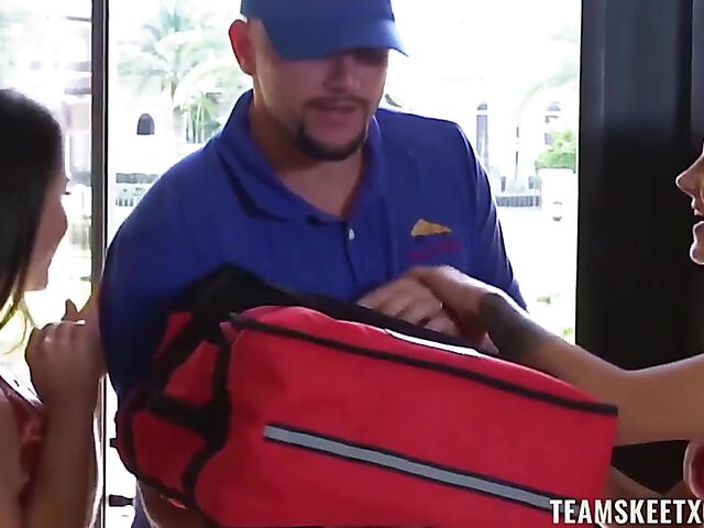 Bikini sex with Kelsi Monroe getting fucked by the pizza delivery guy in front of her girls