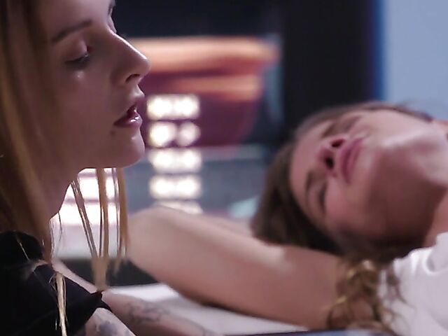 Lesbian gamer girls in pantyhose Sarah Kay and Adelle Unicorn use a strapless dildo