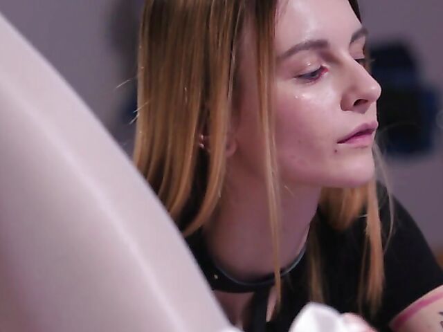 Lesbian gamer girls in pantyhose Sarah Kay and Adelle Unicorn use a strapless dildo