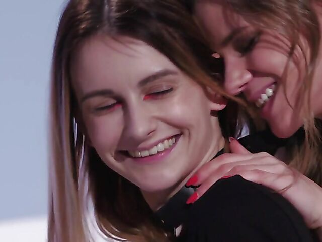 Lesbian gamer girls in pantyhose Sarah Kay and Adelle Unicorn use a strapless dildo