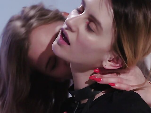 Lesbian gamer girls in pantyhose Sarah Kay and Adelle Unicorn use a strapless dildo