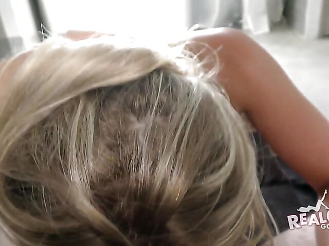 POV amateur babe posing naked and taking a cock