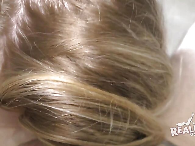 POV amateur babe posing naked and taking a cock