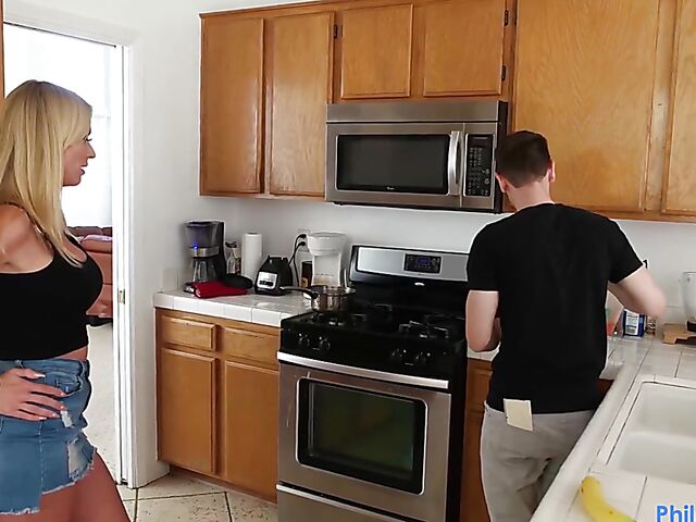 Rachael Cavalli - Busty stepmom handjob and titty fuck in the kitchen