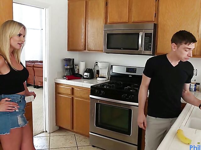 Rachael Cavalli - Busty stepmom handjob and titty fuck in the kitchen