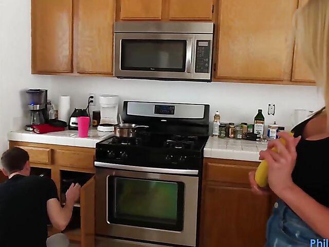 Rachael Cavalli - Busty stepmom handjob and titty fuck in the kitchen