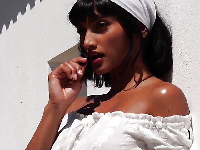 Outdoor solo in a sultry summer afternoon with orange juice all over Angel Constance's sexy body