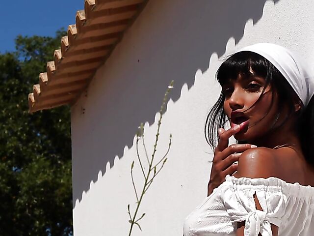 Outdoor solo in a sultry summer afternoon with orange juice all over Angel Constance's sexy body