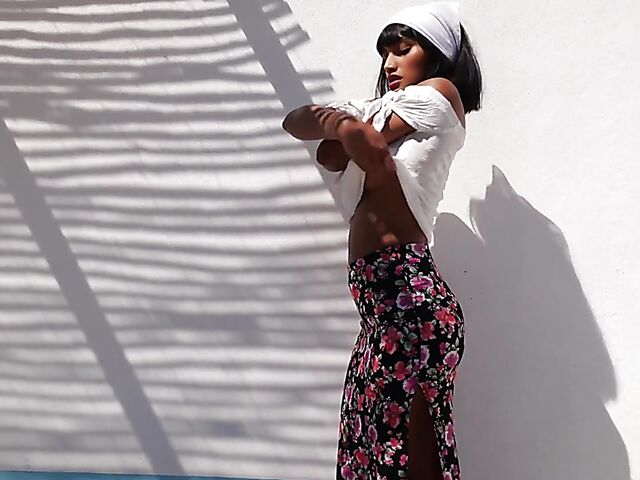 Outdoor solo in a sultry summer afternoon with orange juice all over Angel Constance's sexy body