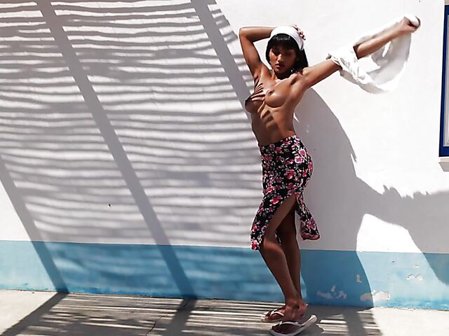 Outdoor solo in a sultry summer afternoon with orange juice all over Angel Constance's sexy body