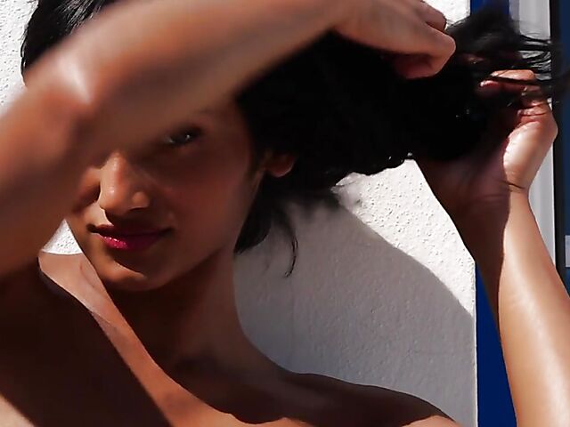 Outdoor solo in a sultry summer afternoon with orange juice all over Angel Constance's sexy body