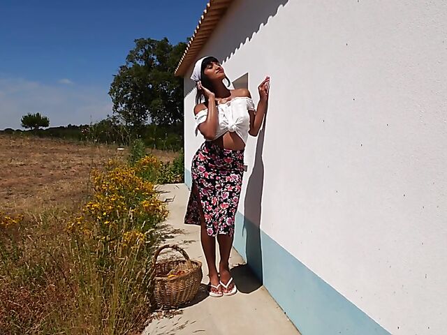 Outdoor solo in a sultry summer afternoon with orange juice all over Angel Constance's sexy body