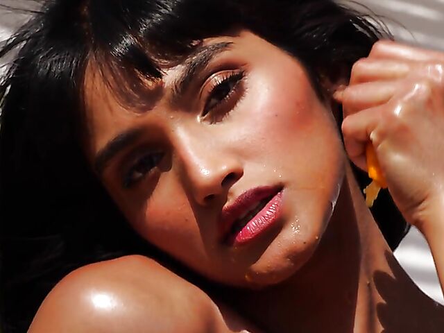 Outdoor solo in a sultry summer afternoon with orange juice all over Angel Constance's sexy body