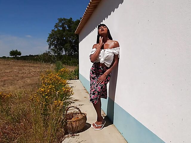 Outdoor solo in a sultry summer afternoon with orange juice all over Angel Constance's sexy body